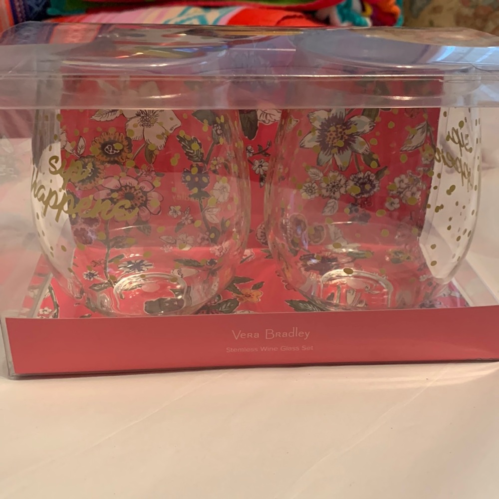 Vera Bradley plastic stemless wine glass set. Sip Happens pattern.